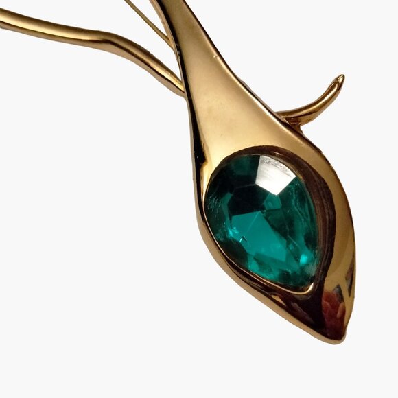 Peacock Feather Brooch Emerald Green Rhinestone Vintage Gold Tone Retro Jewelry - Picture 3 of 5